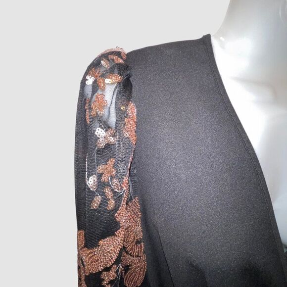 NWT Black Crepe Evening Jumpsuit with Copper Sequins Tulle Sleeves Size XL - Picture 5 of 8